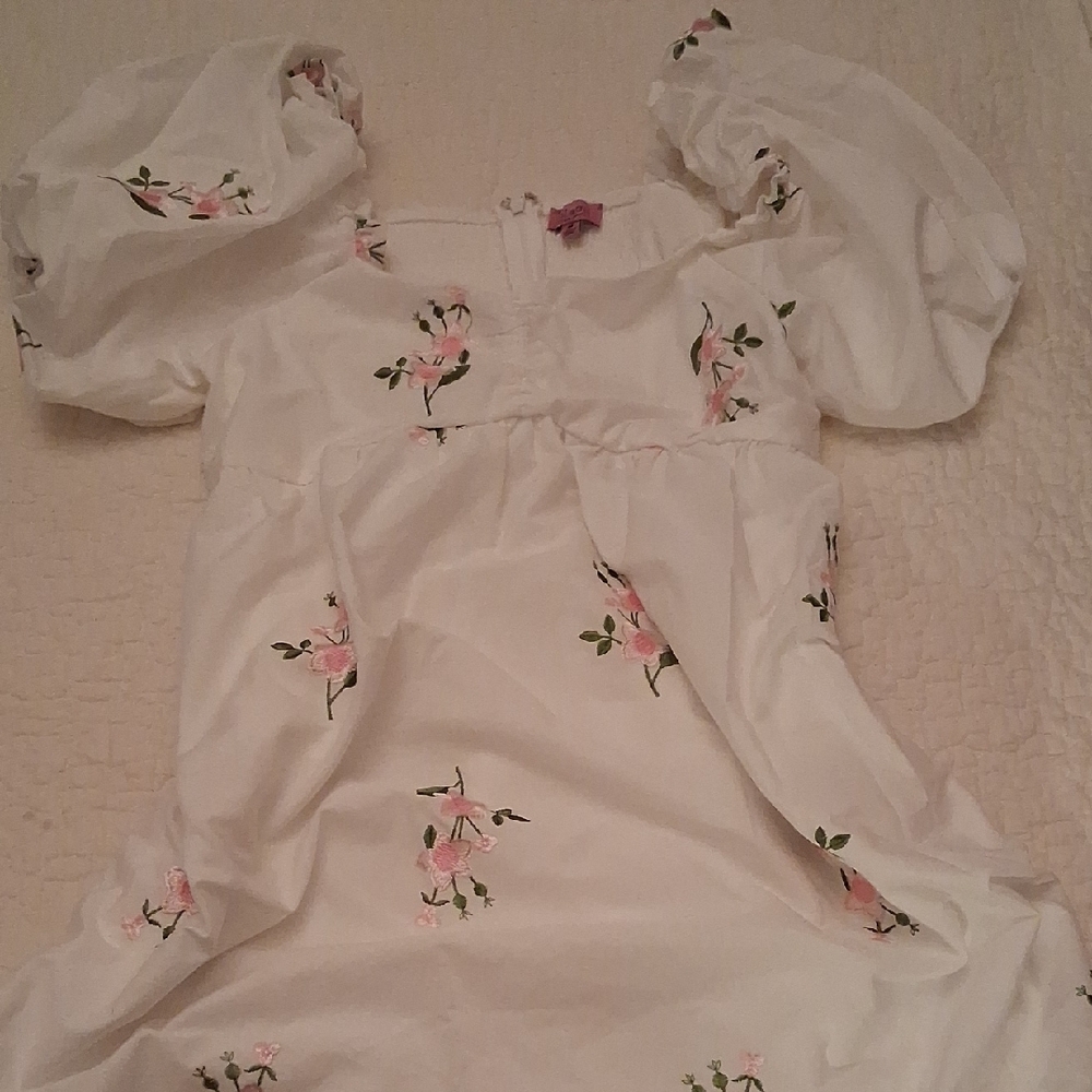 Francesca's Babydoll White Dress with Pink Floral Embroidery